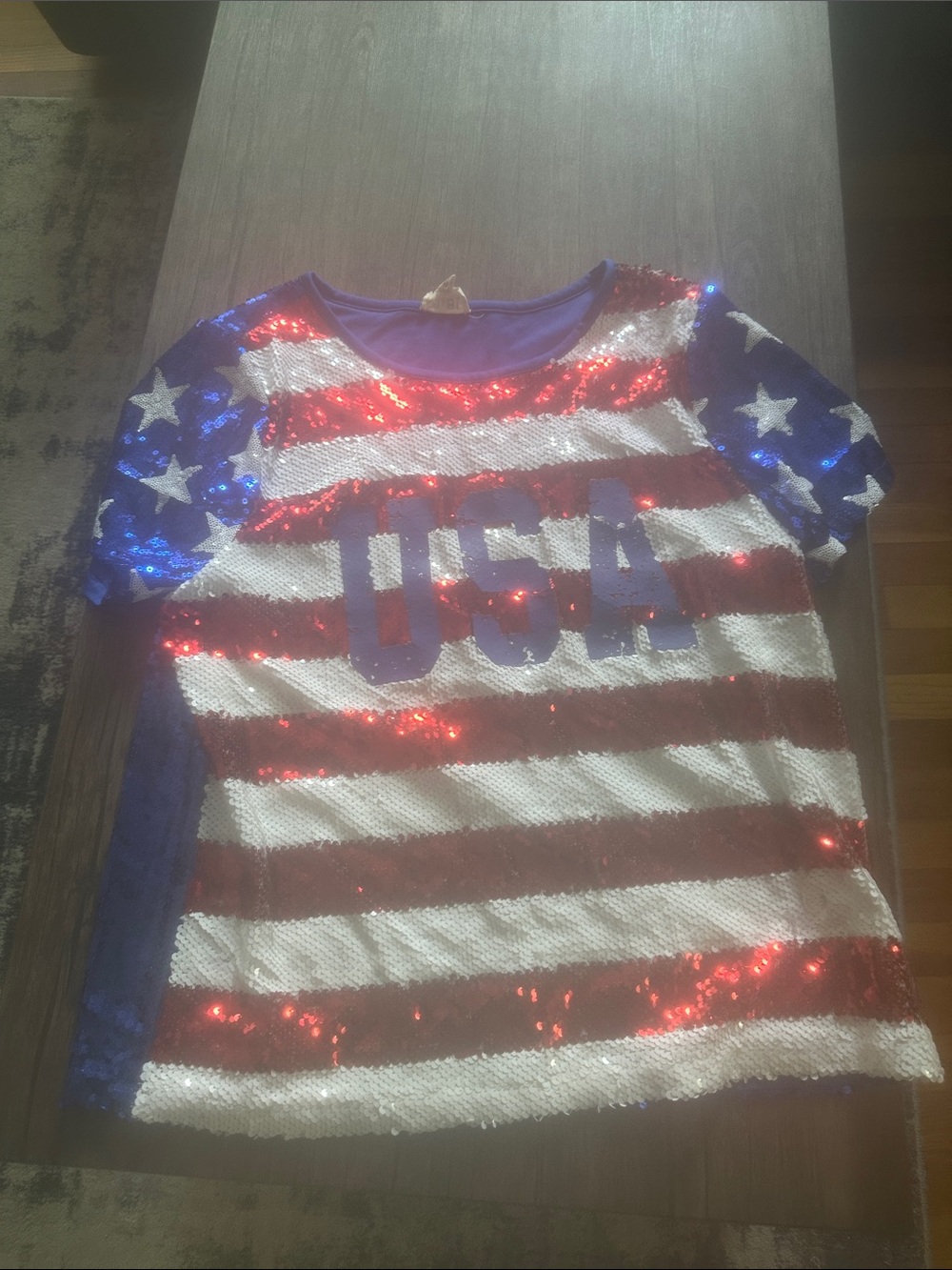 Womens USA Sequin Flag Tee - Red, White & Blue
